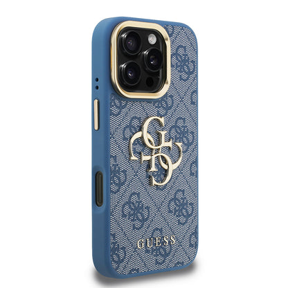 Apple iPhone 16 Pro Kılıf Guess Orjinal Lisanslı PU Deri 4G Desenli Metal Büyük 4G ve Yazı Logolu Kamera Standlı Kapak Mavi