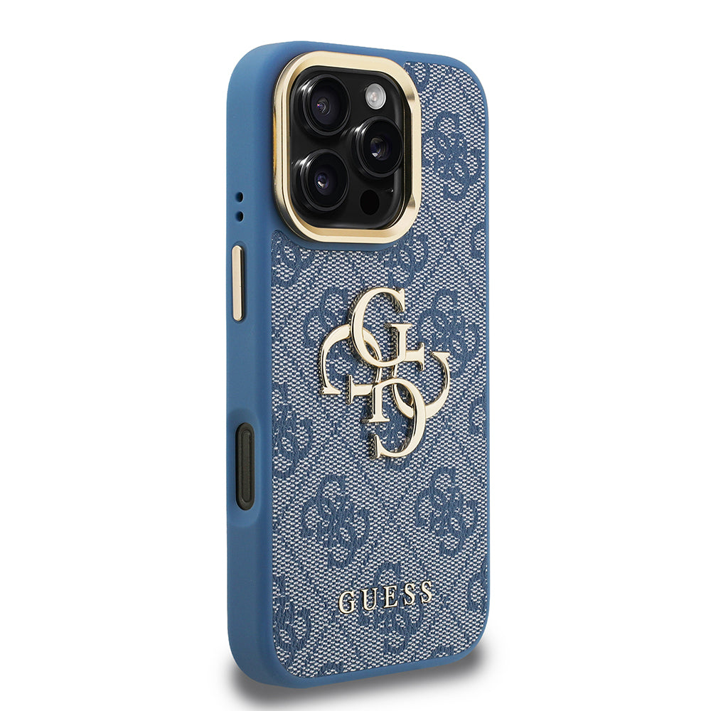 Apple iPhone 16 Pro Kılıf Guess Orjinal Lisanslı PU Deri 4G Desenli Metal Büyük 4G ve Yazı Logolu Kamera Standlı Kapak Siyah