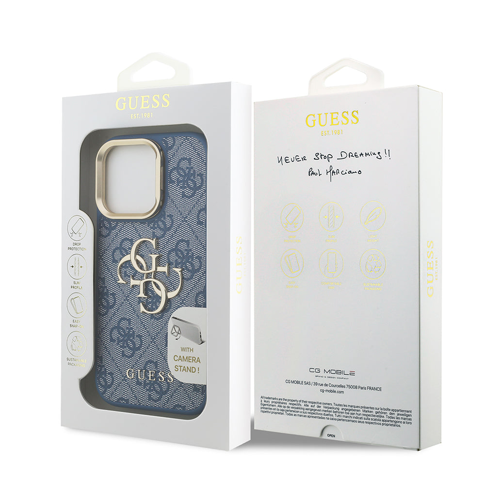 Apple iPhone 16 Pro Kılıf Guess Orjinal Lisanslı PU Deri 4G Desenli Metal Büyük 4G ve Yazı Logolu Kamera Standlı Kapak Pembe