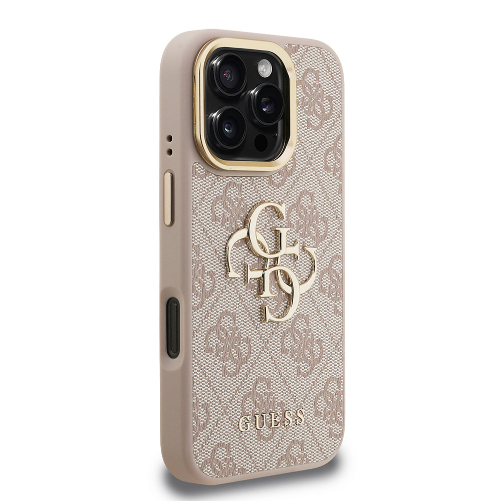 Apple iPhone 16 Pro Kılıf Guess Orjinal Lisanslı PU Deri 4G Desenli Metal Büyük 4G ve Yazı Logolu Kamera Standlı Kapak Pembe
