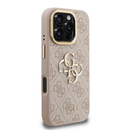 Apple iPhone 16 Pro Kılıf Guess Orjinal Lisanslı PU Deri 4G Desenli Metal Büyük 4G ve Yazı Logolu Kamera Standlı Kapak Mavi