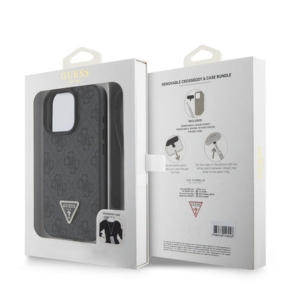 Apple iPhone 16 Pro Kılıf Guess Orjinal Lisanslı PU Deri Taşlı Metal Üçgen Logolu Çapraz Vücut Askılı 4G Desenli Kapak Siyah