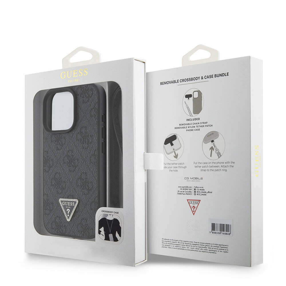 Apple iPhone 16 Pro Kılıf Guess Orjinal Lisanslı PU Deri Taşlı Metal Üçgen Logolu Çapraz Vücut Askılı 4G Desenli Kapak Pembe