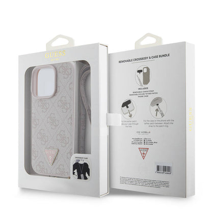 Apple iPhone 16 Pro Kılıf Guess Orjinal Lisanslı PU Deri Taşlı Metal Üçgen Logolu Çapraz Vücut Askılı 4G Desenli Kapak Kahverengi