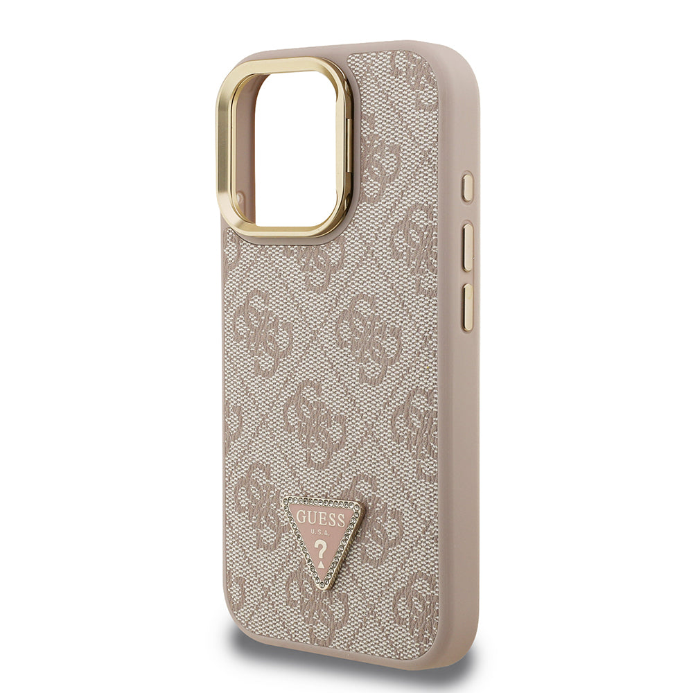 Apple iPhone 16 Pro Kılıf Guess Orjinal Lisanslı PU Deri Taşlı Üçgen Logo 4G Desenli Kamera Standlı Kapak Pembe