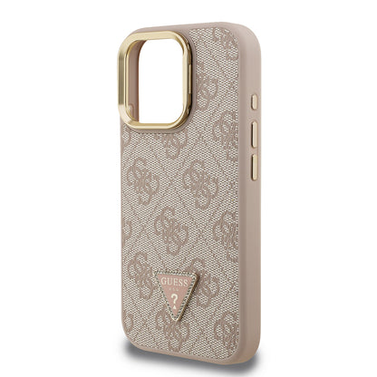 Apple iPhone 16 Pro Kılıf Guess Orjinal Lisanslı PU Deri Taşlı Üçgen Logo 4G Desenli Kamera Standlı Kapak Pembe