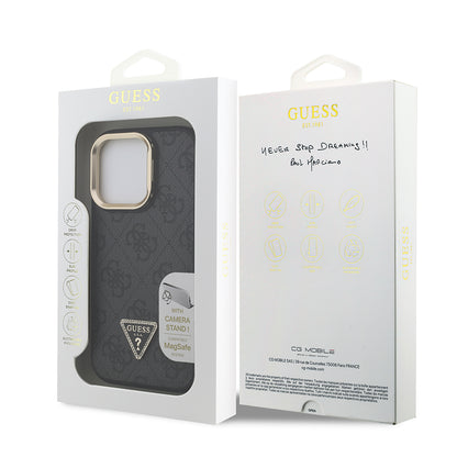Apple iPhone 16 Pro Kılıf Guess Orjinal Lisanslı PU Deri Taşlı Üçgen Logo 4G Desenli Kamera Standlı Kapak Siyah