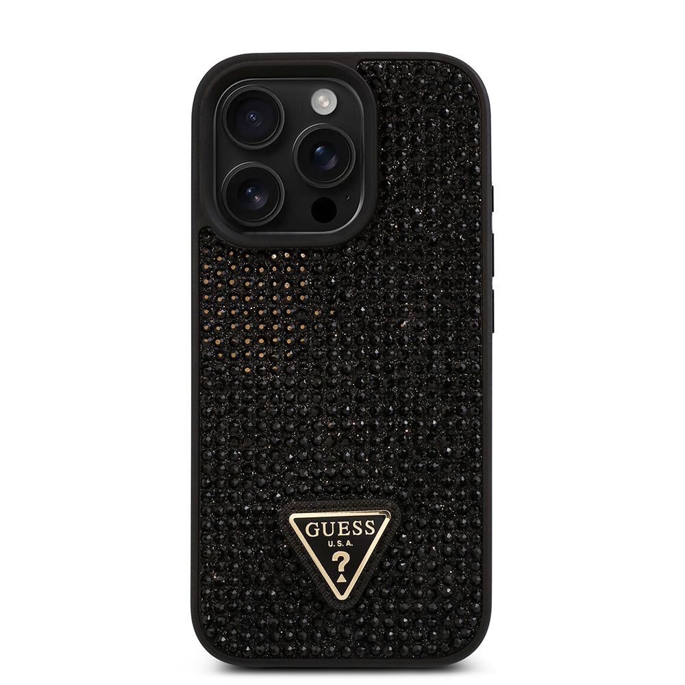 Apple iPhone 16 Pro Kılıf Guess Orjinal Lisanslı Taşlı Arka Yüzey Üçgen Logolu Kapak Gold