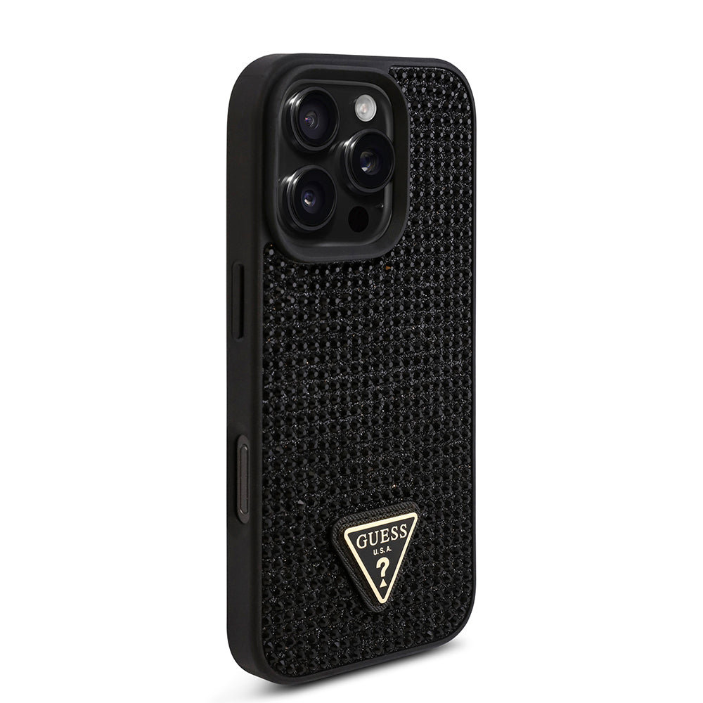 Apple iPhone 16 Pro Kılıf Guess Orjinal Lisanslı Taşlı Arka Yüzey Üçgen Logolu Kapak Siyah