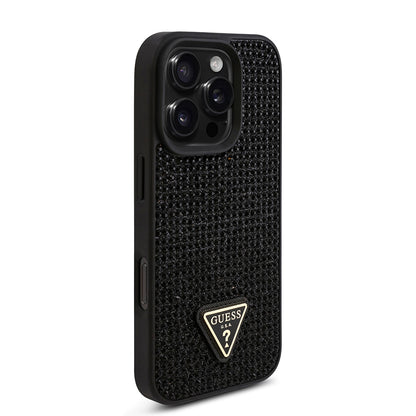 Apple iPhone 16 Pro Kılıf Guess Orjinal Lisanslı Taşlı Arka Yüzey Üçgen Logolu Kapak Pembe