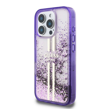 Apple iPhone 16 Pro Kılıf Guess Orjinal Lisanslı Transparan Sıvılı Simli Altın Çizgili Kapak Pembe