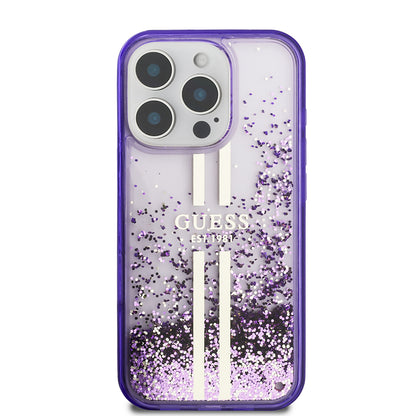 Apple iPhone 16 Pro Kılıf Guess Orjinal Lisanslı Transparan Sıvılı Simli Altın Çizgili Kapak Mor