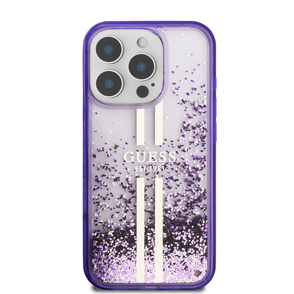 Apple iPhone 16 Pro Kılıf Guess Orjinal Lisanslı Transparan Sıvılı Simli Altın Çizgili Kapak Pembe