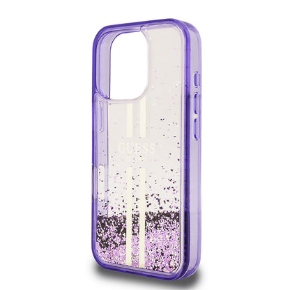 Apple iPhone 16 Pro Kılıf Guess Orjinal Lisanslı Transparan Sıvılı Simli Altın Çizgili Kapak Mor