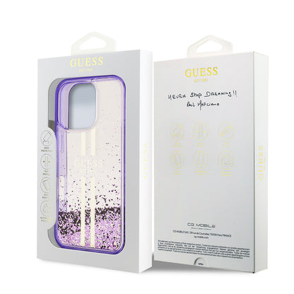 Apple iPhone 16 Pro Kılıf Guess Orjinal Lisanslı Transparan Sıvılı Simli Altın Çizgili Kapak Mor
