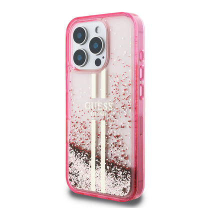 Apple iPhone 16 Pro Kılıf Guess Orjinal Lisanslı Transparan Sıvılı Simli Altın Çizgili Kapak Pembe
