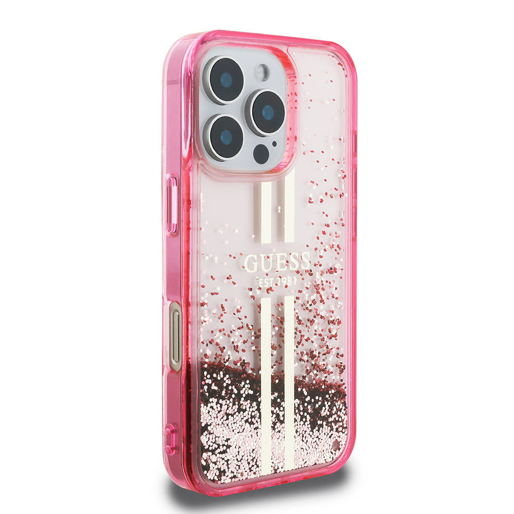 Apple iPhone 16 Pro Kılıf Guess Orjinal Lisanslı Transparan Sıvılı Simli Altın Çizgili Kapak Mor