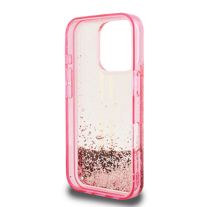 Apple iPhone 16 Pro Kılıf Guess Orjinal Lisanslı Transparan Sıvılı Simli Altın Çizgili Kapak Pembe