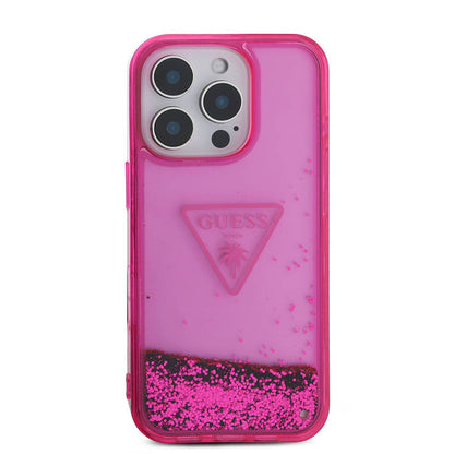Apple iPhone 16 Pro Kılıf Guess Orjinal Lisanslı Transparan Sıvılı Simli Dizayn Kapak Pembe