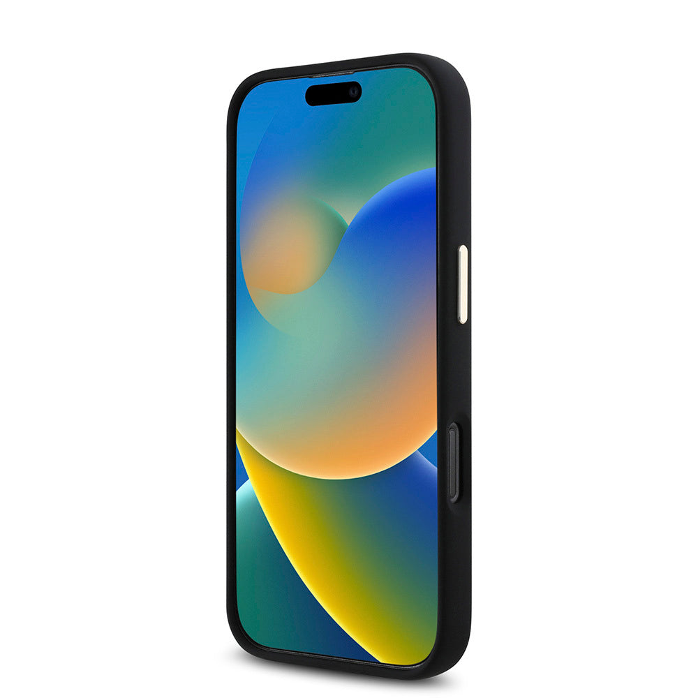 Apple iPhone 16 Pro Kılıf Guess Orjinal Lisanslı Yazı ve Taşlı 4G Logolu Metal Kamera Çerçeveli Silikon Kapak Siyah