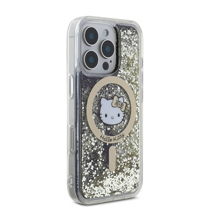 Apple iPhone 16 Pro Kılıf Hello Kitty Orjinal Lisanslı M-safe Şarj Özellikli IML Baskı Kitty Head Logolu Sıvılı Simli Altın Ateşi Kapak Siyah