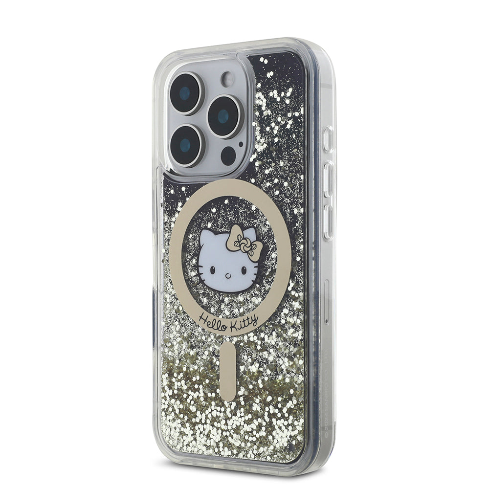 Apple iPhone 16 Pro Kılıf Hello Kitty Orjinal Lisanslı M-safe Şarj Özellikli IML Baskı Kitty Head Logolu Sıvılı Simli Altın Ateşi Kapak Siyah