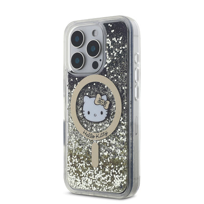 Apple iPhone 16 Pro Kılıf Hello Kitty Orjinal Lisanslı M-safe Şarj Özellikli IML Baskı Kitty Head Logolu Sıvılı Simli Altın Ateşi Kapak Siyah