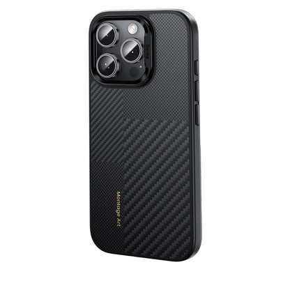 Apple iPhone 16 Pro Kılıf Karbon Fiber M-safe Şarj Özellikli Kamera Kontrol Butonlu Benks Hybrid ArmorPro Montage Kevlar Kapak Siyah