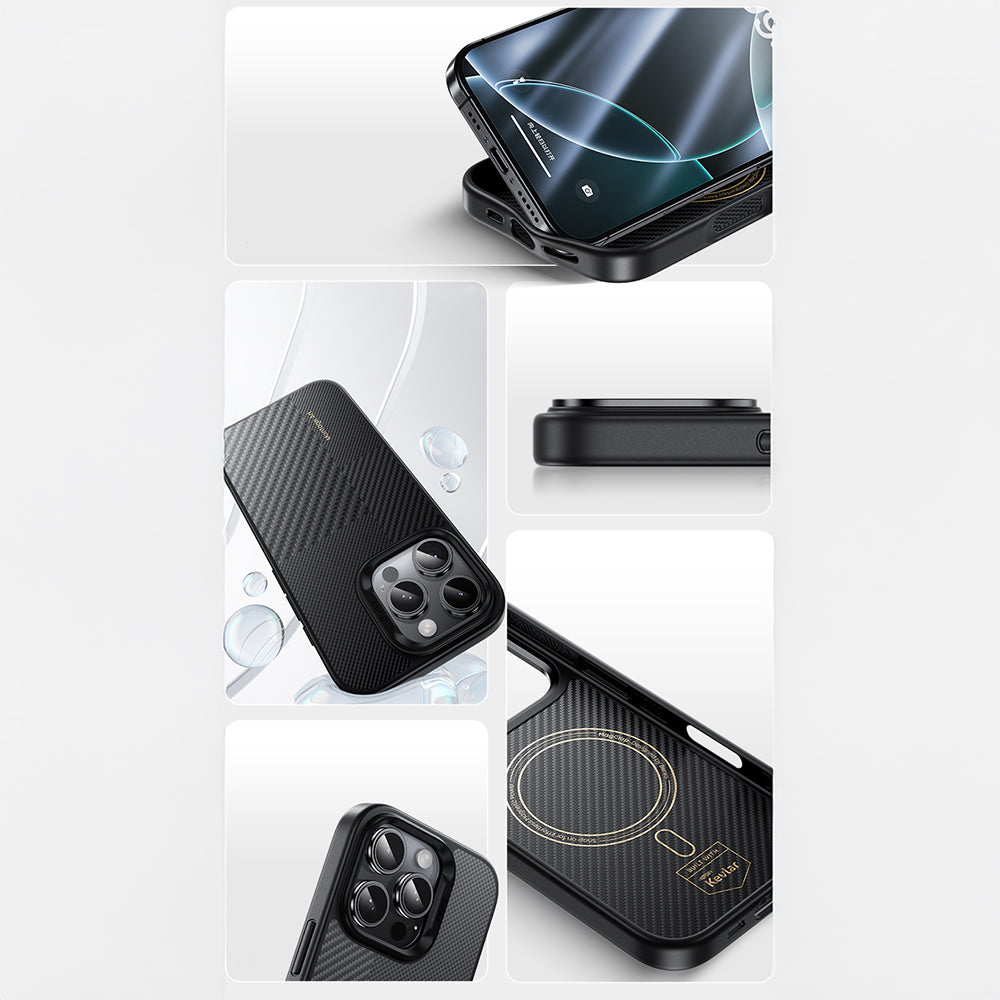 Apple iPhone 16 Pro Kılıf Karbon Fiber M-safe Şarj Özellikli Kamera Kontrol Butonlu Benks Hybrid ArmorPro Montage Kevlar Kapak Siyah