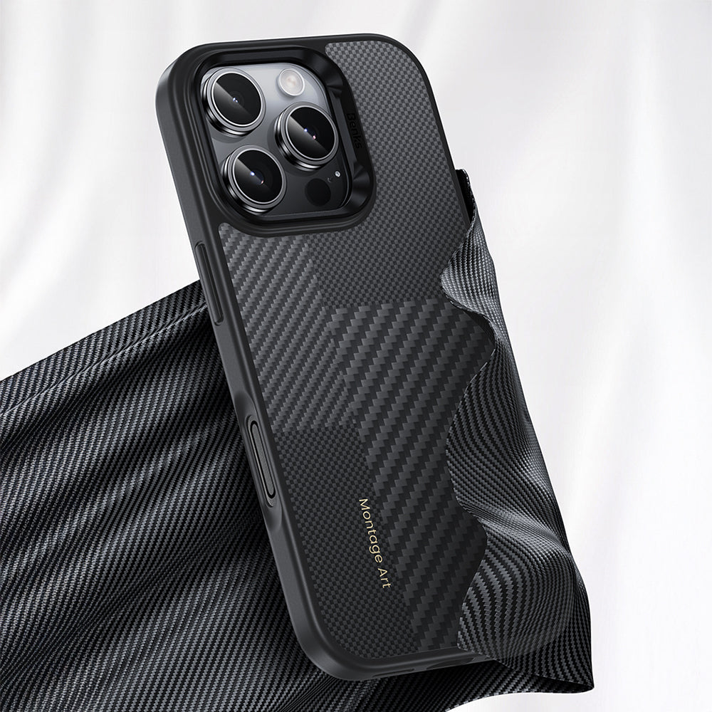 Apple iPhone 16 Pro Kılıf Karbon Fiber M-safe Şarj Özellikli Kamera Kontrol Butonlu Benks Hybrid ArmorPro Montage Kevlar Kapak Siyah