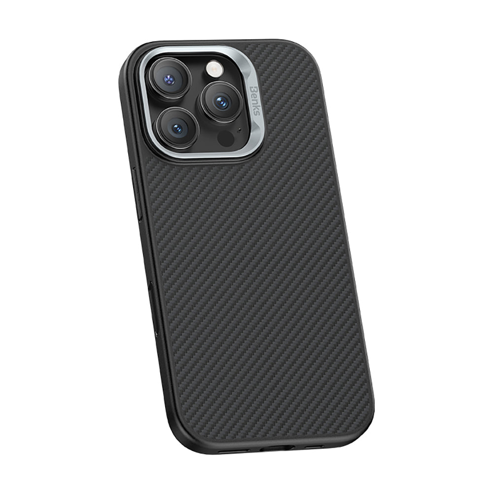 Apple iPhone 16 Pro Kılıf Karbon Fiber M-safe Şarj Özellikli Kamerra Kontrol Butonlu Benks Hybrid ArmorPro 600D Kevlar Kapak Siyah
