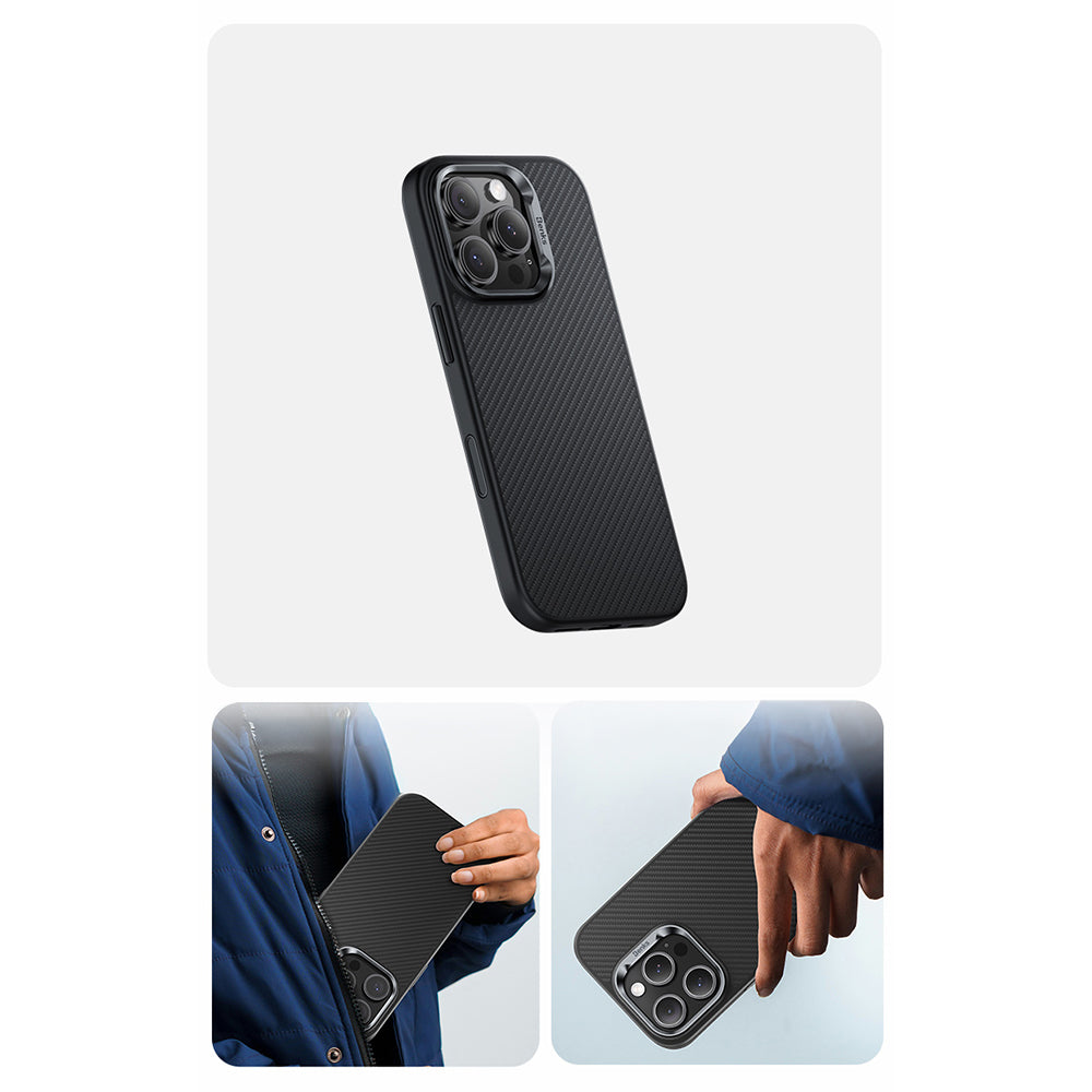 Apple iPhone 16 Pro Kılıf Karbon Fiber M-safe Şarj Özellikli Kamerra Kontrol Butonlu Benks Hybrid ArmorPro 600D Kevlar Kapak Siyah