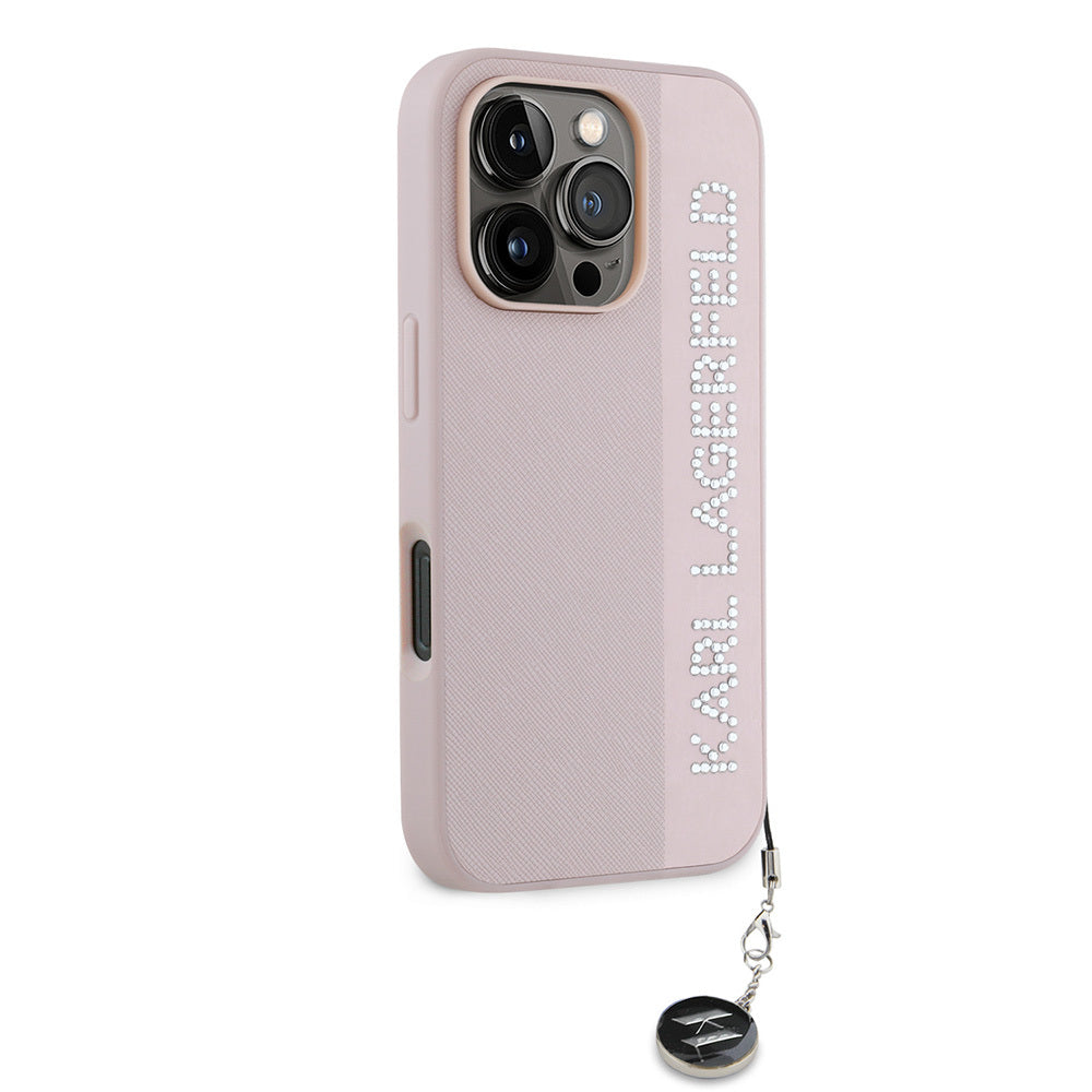Apple iPhone 16 Pro Kılıf Karl Lagerfeld Orjinal Lisanslı Anahtarlıklı Taşlı KL Yazılı Saffiano Rhinestones Kapak Pembe
