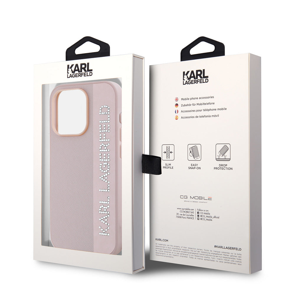 Apple iPhone 16 Pro Kılıf Karl Lagerfeld Orjinal Lisanslı Anahtarlıklı Taşlı KL Yazılı Saffiano Rhinestones Kapak Pembe