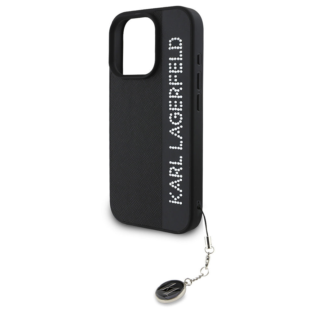 Apple iPhone 16 Pro Kılıf Karl Lagerfeld Orjinal Lisanslı Anahtarlıklı Taşlı KL Yazılı Saffiano Rhinestones Kapak Pembe