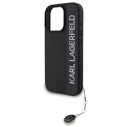 Apple iPhone 16 Pro Kılıf Karl Lagerfeld Orjinal Lisanslı Anahtarlıklı Taşlı KL Yazılı Saffiano Rhinestones Kapak Pembe