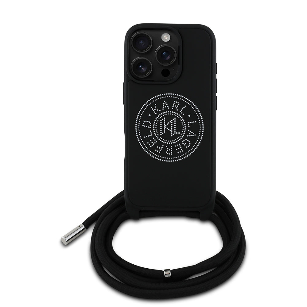 Apple iPhone 16 Pro Kılıf Karl Lagerfeld Orjinal Lisanslı Askı İpli Taşlı KL Yazılı Crossbody Cord Kapak Siyah