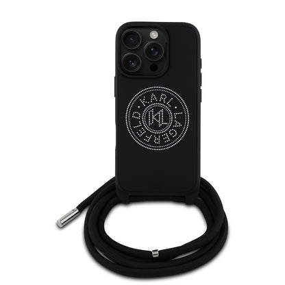 Apple iPhone 16 Pro Kılıf Karl Lagerfeld Orjinal Lisanslı Askı İpli Taşlı KL Yazılı Crossbody Cord Kapak Siyah