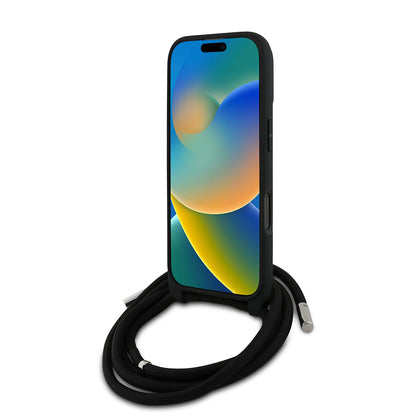 Apple iPhone 16 Pro Kılıf Karl Lagerfeld Orjinal Lisanslı Askı İpli Taşlı KL Yazılı Crossbody Cord Kapak Siyah