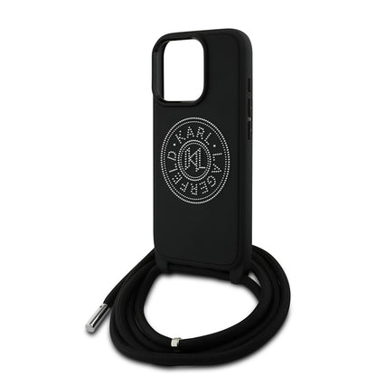 Apple iPhone 16 Pro Kılıf Karl Lagerfeld Orjinal Lisanslı Askı İpli Taşlı KL Yazılı Crossbody Cord Kapak Siyah