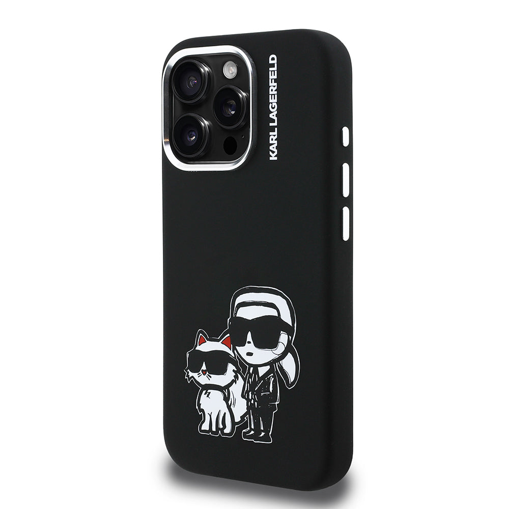 Apple iPhone 16 Pro Kılıf Karl Lagerfeld Orjinal Lisanslı Karl & Choupette Sketch Logo Sililkon Kapak Siyah