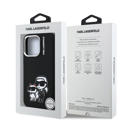 Apple iPhone 16 Pro Kılıf Karl Lagerfeld Orjinal Lisanslı Karl & Choupette Sketch Logo Sililkon Kapak Siyah