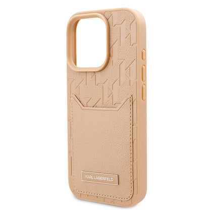 Apple iPhone 16 Pro Kılıf Karl Lagerfeld Orjinal Lisanslı KL Desenli Kartlıklı Monogram Kapak Kahverengi