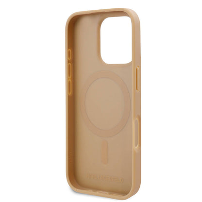 Apple iPhone 16 Pro Kılıf Karl Lagerfeld Orjinal Lisanslı M-safe Şarj Özellikli KL Yazılı Hot Stamp Kapak Krem