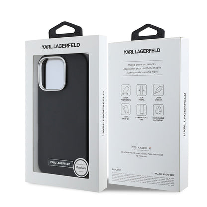 Apple iPhone 16 Pro Kılıf Karl Lagerfeld Orjinal Lisanslı M-safe Şarj Özellikli Metal Kamera ve Buton Tasarımlı Plaka Logolu PU Deri Kapak Siyah