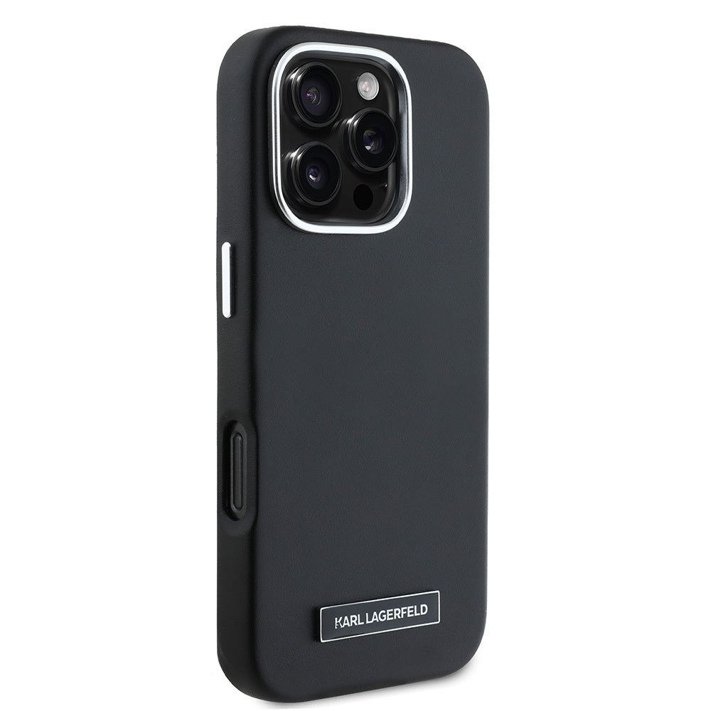 Apple iPhone 16 Pro Kılıf Karl Lagerfeld Orjinal Lisanslı M-safe Şarj Özellikli Metal Kamera ve Buton Tasarımlı Plaka Logolu PU Deri Kapak Siyah