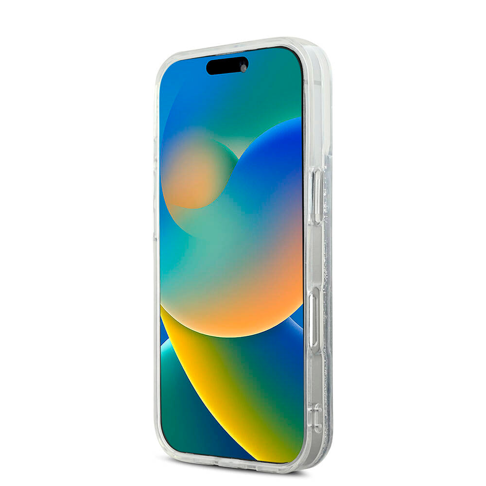 Apple iPhone 16 Pro Kılıf Karl Lagerfeld Orjinal Lisanslı M-safe Şarj Özellikli Sıvılı Simli KC Heads Kapak Şeffaf