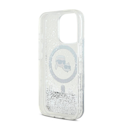 Apple iPhone 16 Pro Kılıf Karl Lagerfeld Orjinal Lisanslı M-safe Şarj Özellikli Sıvılı Simli KC Heads Kapak Şeffaf