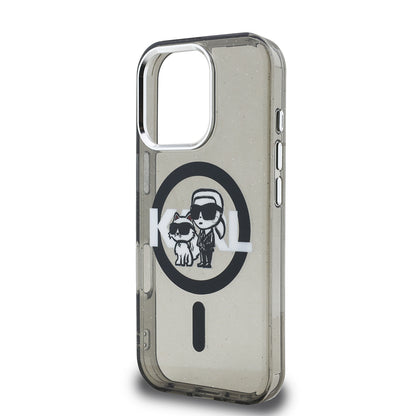 Apple iPhone 16 Pro Kılıf Karl Lagerfeld Orjinal Lisanslı Parlayan Simli Karl & Choupette Sketch Logo Kapak Siyah