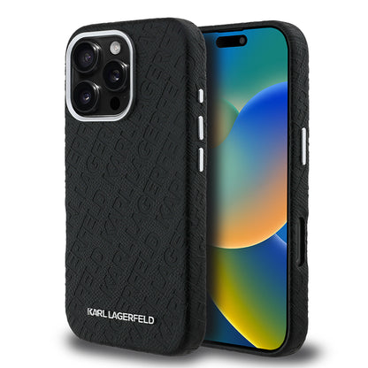 Apple iPhone 16 Pro Kılıf Karl Lagerfeld Orjinal Lisanslı PU Deri Damgalı Metal Yazı Logolu Kapak Siyah